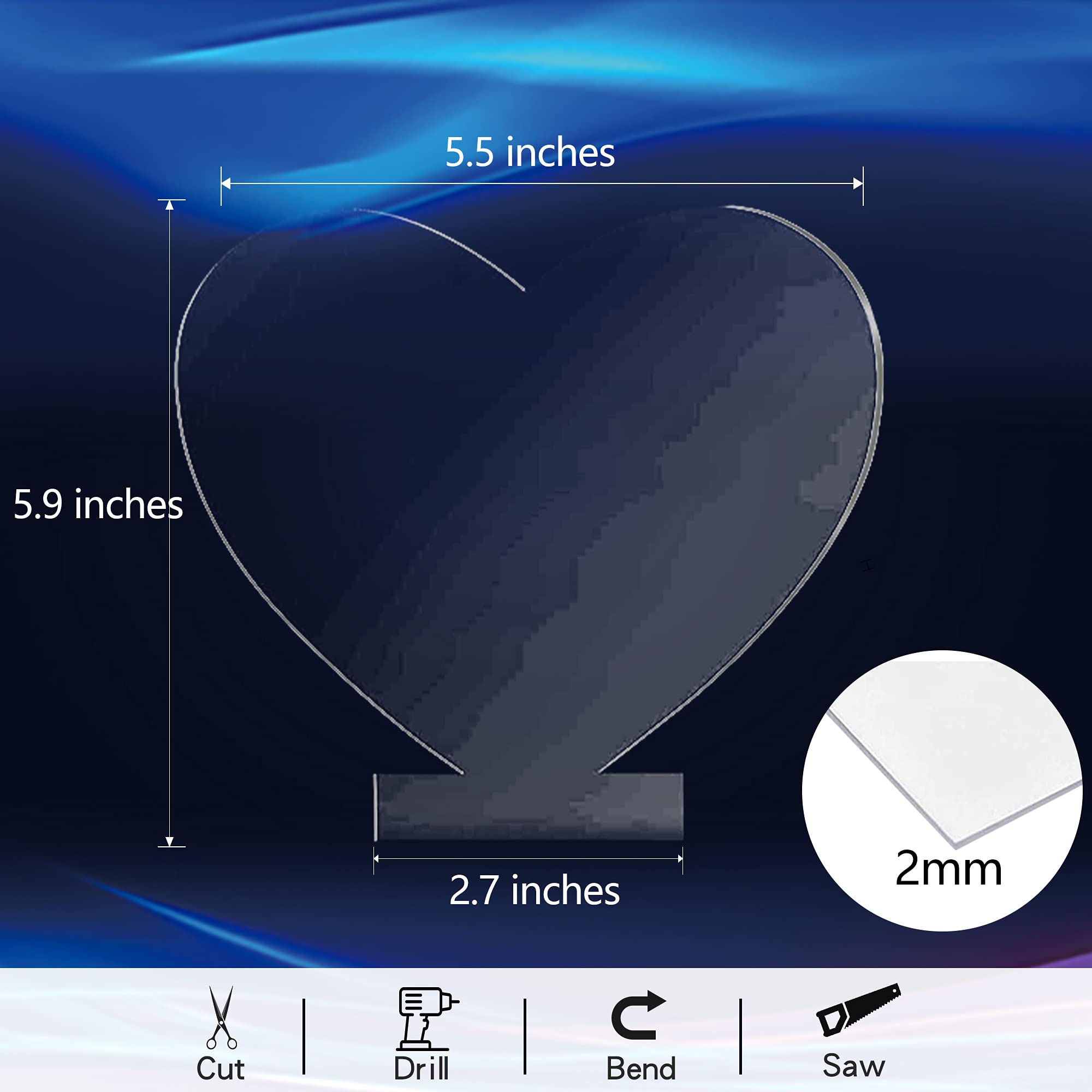 6PCS Heart Shape Acrylic Sheets for Light Base, Clear Cast